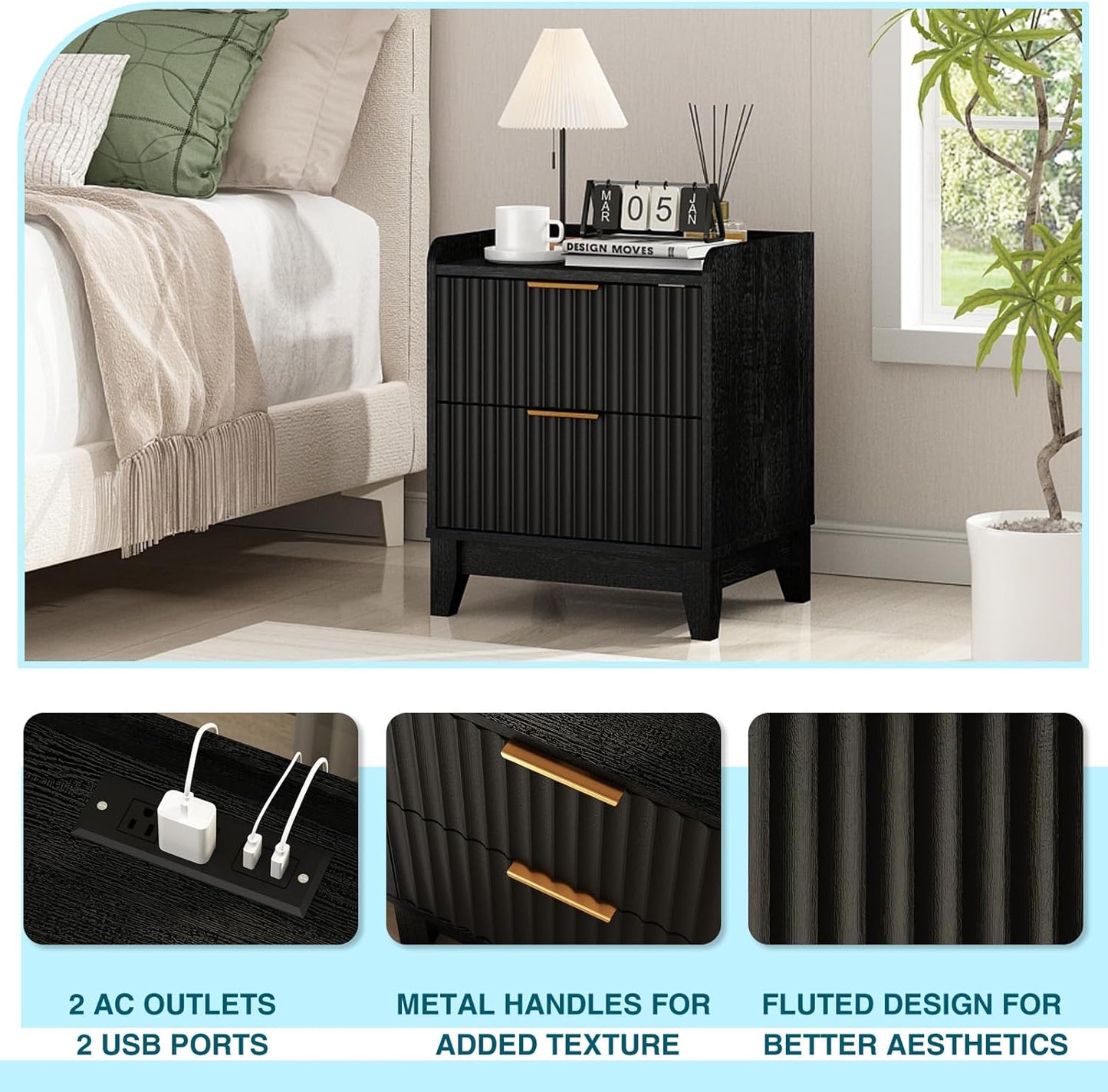 Wnutrees Fluted Nightstand with Charging Station, Modern Bedside Table with 2 Drawers, Farmhouse Wooden End Side Table Living Room, 2 Pack, Black