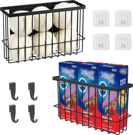 Magnetic Basket for Fridge, Magnetic Basket, Foil and Plastic Wrap Organizer with 4 Caddy Adhesive Stickers, Cabinet Door Organizer for Kitchen Wrap Food Bag Tin Foil Storage, Black, 2 Pack