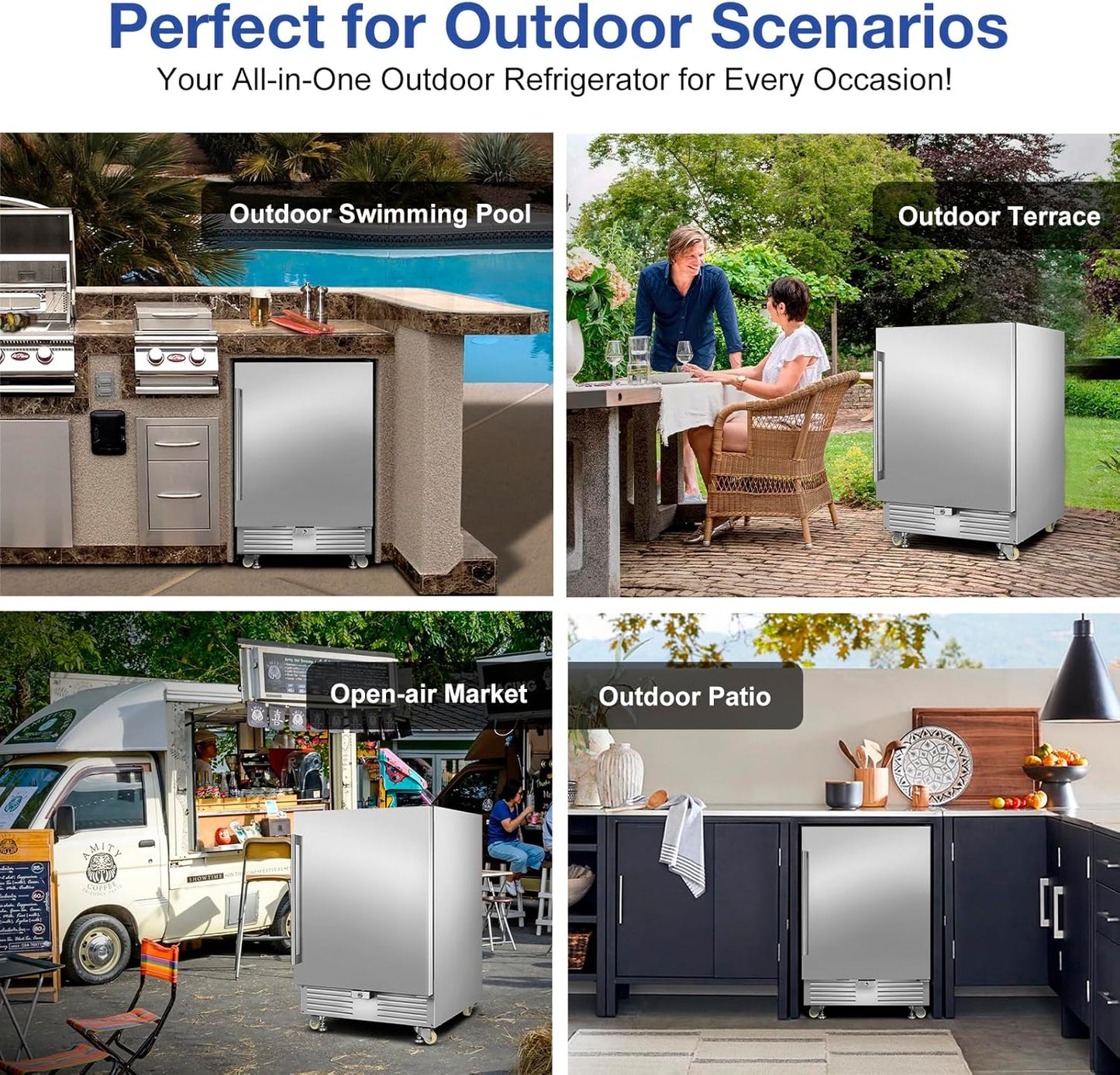 Outdoor Refrigerator 24 Inch, Undercounter Beverage Fridge with Wheels, 180 Cans Waterproof Stainless Steel Fridge for Outdoor Kitchen and Patio