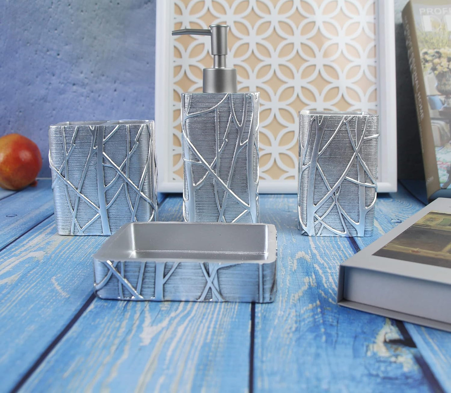 Hymmah Silver Bathroom Accessories Set,Toothbrush Holder,Farmhouse Bathroom Decor,4 Pcs Resin Gift Set Apartment Necessities, Contain Toothbrush Cup,Soap Dispenser,Soap Dish,Tumbler