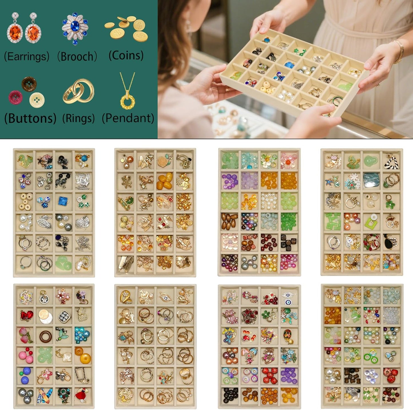 24 Grid Stackable Jewelry Organizer Tray Velvet Jewelry Drawer Inserts Earring Organizer for Women Jewelry Display Box Case for Earring Rings Stud Necklaces (Set of 8, Beige