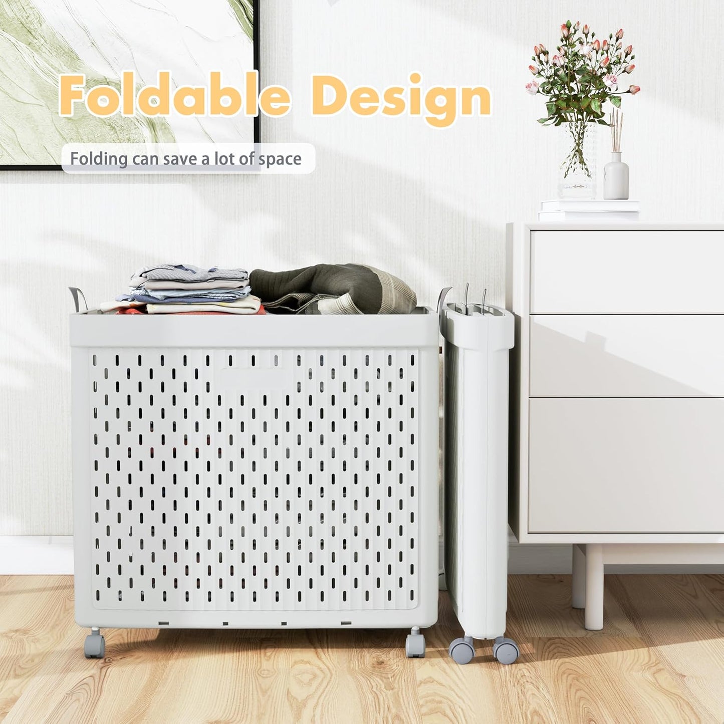 UAK Laundry Basket with Wheels, Collapsible Plastic Laundry Hamper with Handle, Foldable Laundry Basket Organizer for Laundry and Bathroom Light Grey, XXXXL (110L)