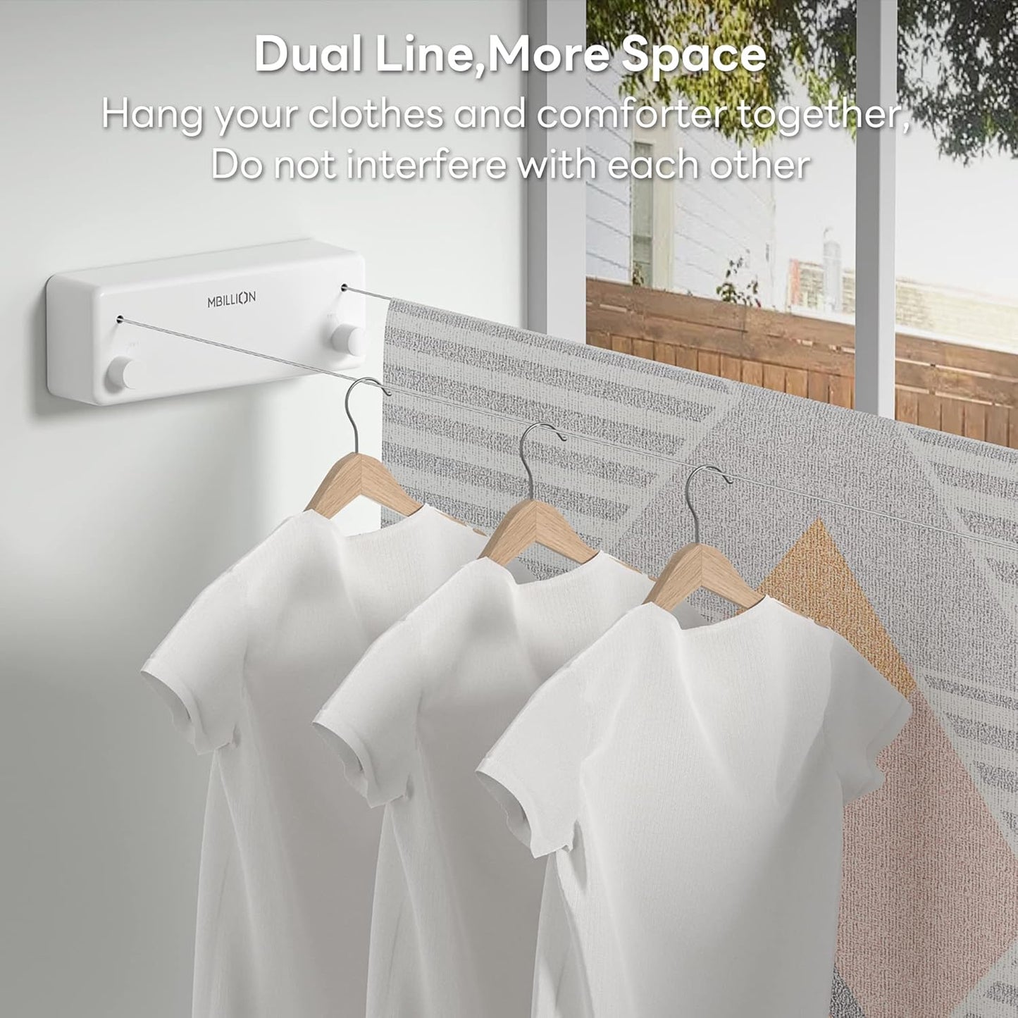 Mbillion Retractable Clothesline 13.8 Ft Stainless Steel Double Clothes line retracting Indoor Heavy Duty Retractable Laundry Line Wall Mounted (Double Line-White)