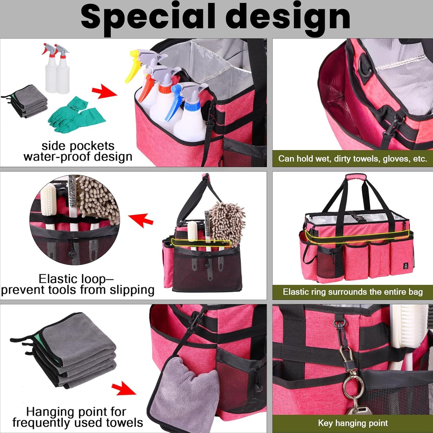 Extra large Cleaning Caddy Bag Built-in Sturdy Support Board, Cleaning Organizer with Detachable Divider, Cleaning Supply Tote with Adjustable Shoulder Strap (Pink, 19'' x 11'' x 11'')
