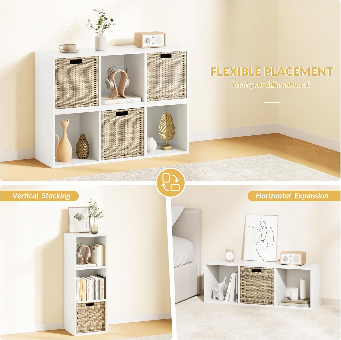 IOTXY DIY Modular Cube Bookcase - CubeXY Customizable Stackable Expandable Basic Shelving Units, 3-Cube Wooden Open Bookshelf for Fabric Storage Bin Organizer, White