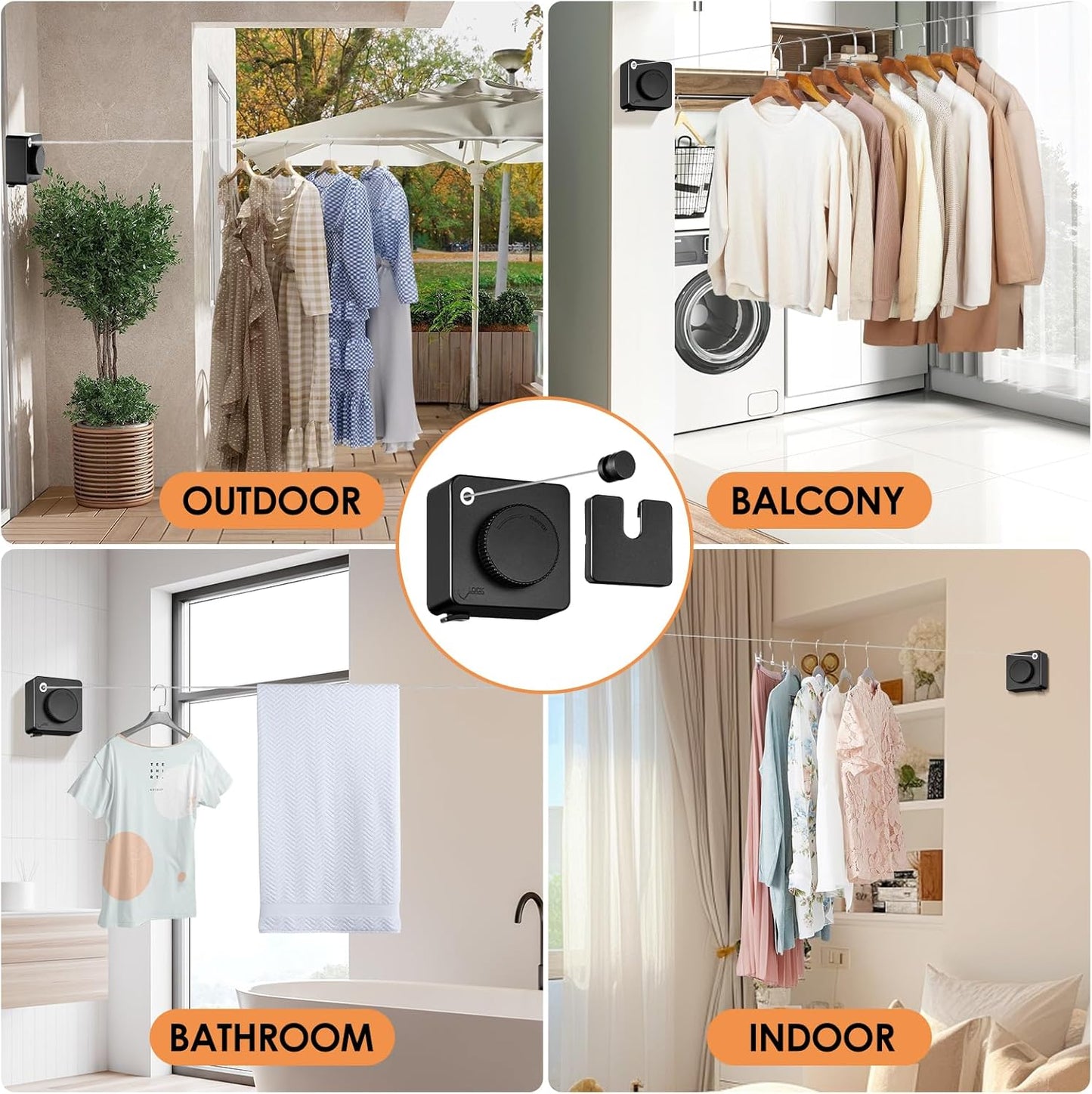 Yejay Retractable Clothesline Indoor, Non-Sagging Clothes Line Retracting Outdoors,Wall Mounted Heavy Duty Clothes Drying Line, Space-Saving Laundry Line for Balcony, Bathroom - 15.7Ft (Black)