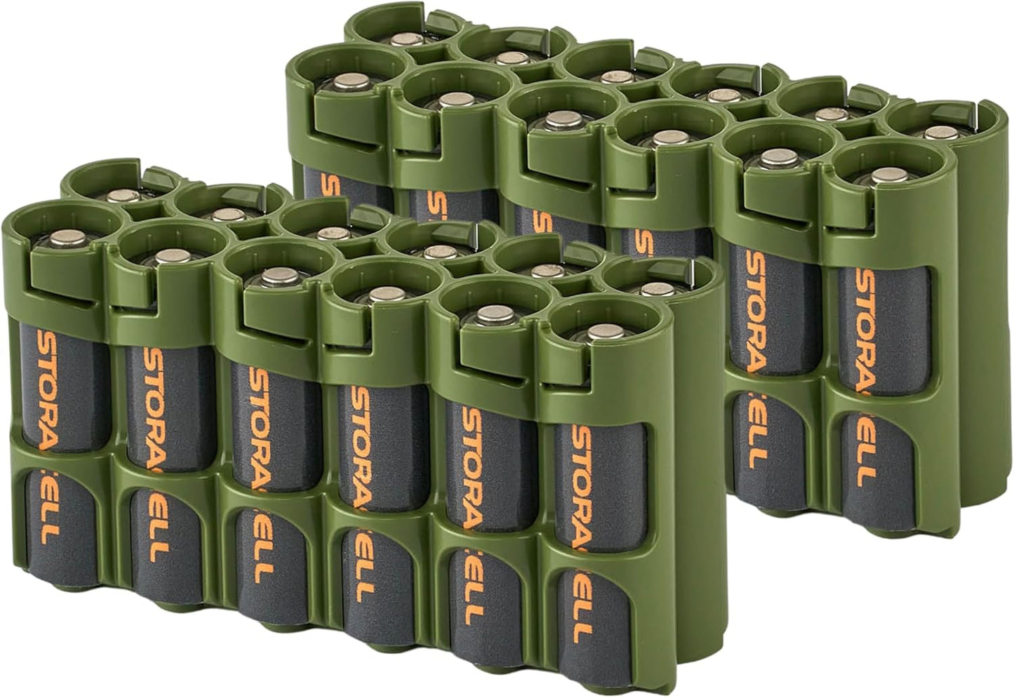 Storacell AA-12 Battery Storage Caddy and Dispenser (Pack of 2), Military Green, Holds 12 AA Batteries (Not Included), Durable & Compact Design, The Original Battery Caddy, Made in The USA