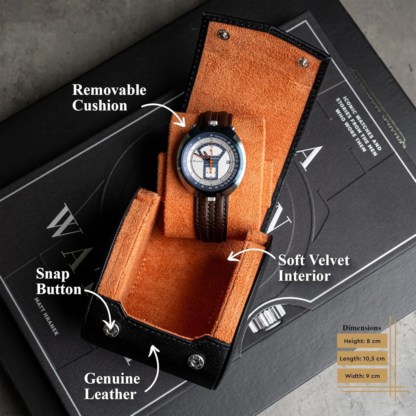 DailyWatch | Watch Roll Travel Case For 1 Watch | Luxury Watch Case In Genuine Black Leather With Soft Velvet Interior | Watch Case Protect, Store, & Display Your Watches | Black Orange