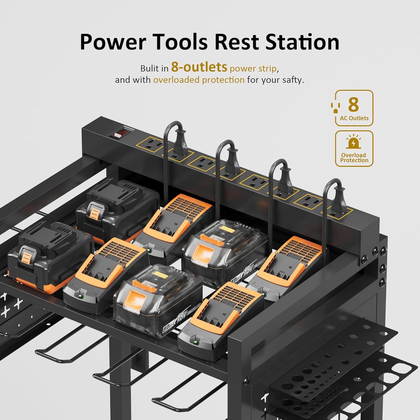 Power Tool Organizer Rolling Cart with 8 Charger Outlets, Heavy Duty Mobile Tool Storage Cart, 5 Tier Garage Organizer with Drill Holder, All-in-One Workshop Utility Cart on Wheels