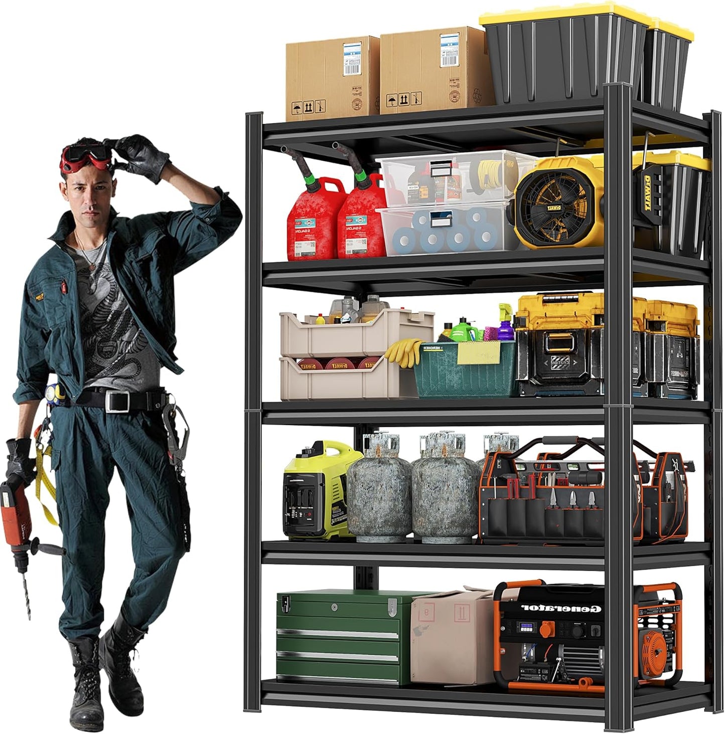 Storage Shelves, Garage Metal Shelving Unit, Adjustable, Double-Layer Column with Reinforced Ribs, Heavy-Duty, Capable of Bearing 3000 lbs, Suitable for Garage, Warehouse, Kitchen Storage