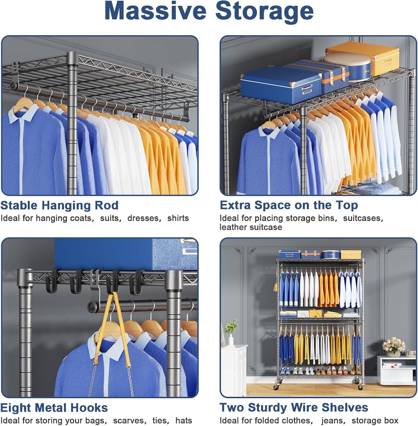 P8 Heavy Duty Clothes Rack（With Extended Width Design） Rolling Clothing Racks for Hanging Clothes，Portable Garment Rack with Lockable Wheels，51.2" W x 15.8" D x 80.5" H，Max Load 700LBS，Grey