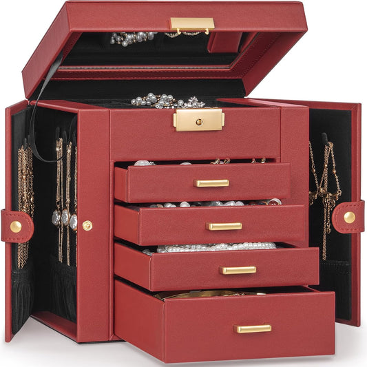 TORIBIO Jewelry Box for Women, Leather Jewelry Organizer with Mirror & Lock, 5-Tier Jewelry Storage Organizer with 4 Drawers for Girls/Women/Mothers, Necklace Earring Bracelets Holder Organizer
