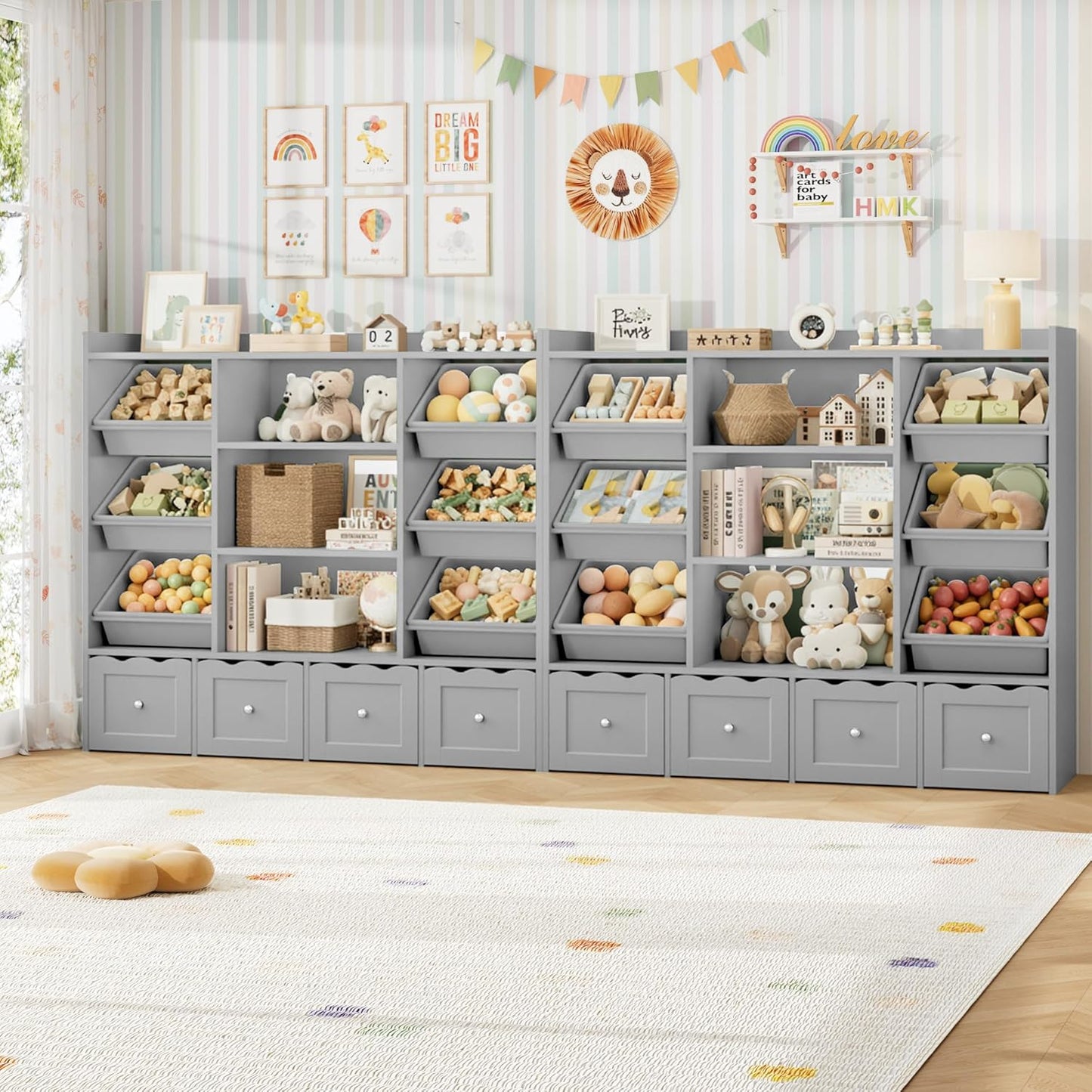 HITHOS 55" W Kids Toy Storage Organizer, Large Toy Box with Bookshelf, Toy Chest with 3 Cubes Storage Organizer, 6 Toy Organizers and Storage Bins, 4 Rolling Drawers for Kids Room, Playroom, Gray
