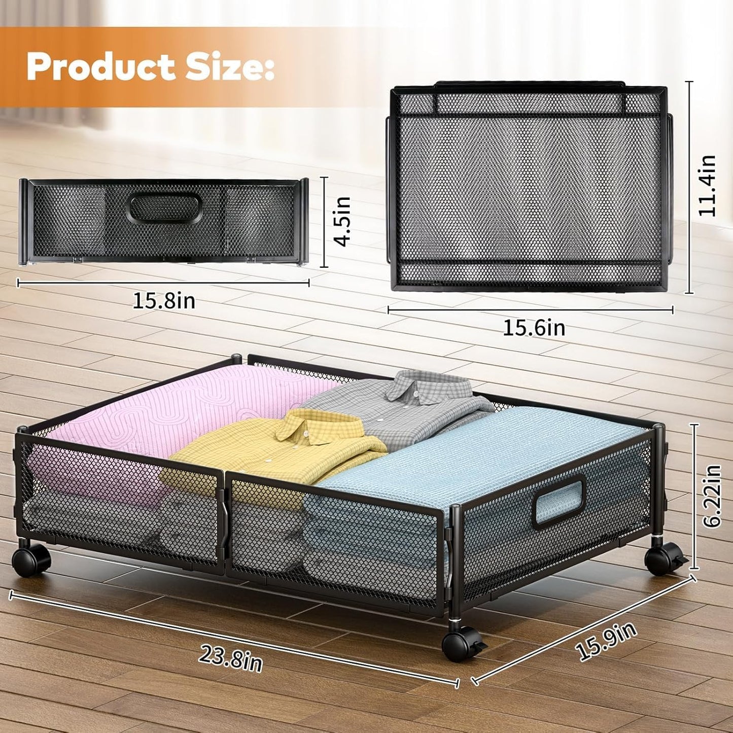 Under Bed Storage with Wheels, Rolling Under Bed Storage Bins for Shoes Clothes, Foldable and Easy Mobility (4 Pack, Black)