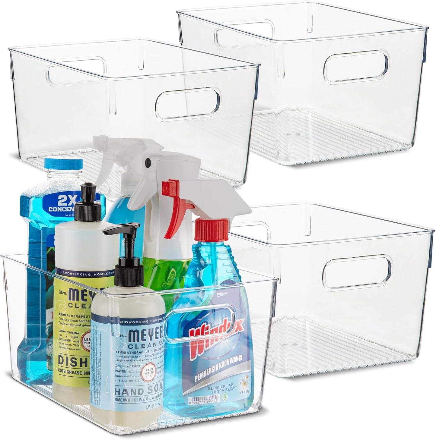 primebox Plastic Food Storage 4 Pack Clear Container Bin with Handles for Organizing Kitchen, Pantry, Refrigerator, Freezer, Pantry, Cabinet, Closet, Bathroom. 10”x7.5”x5.3”