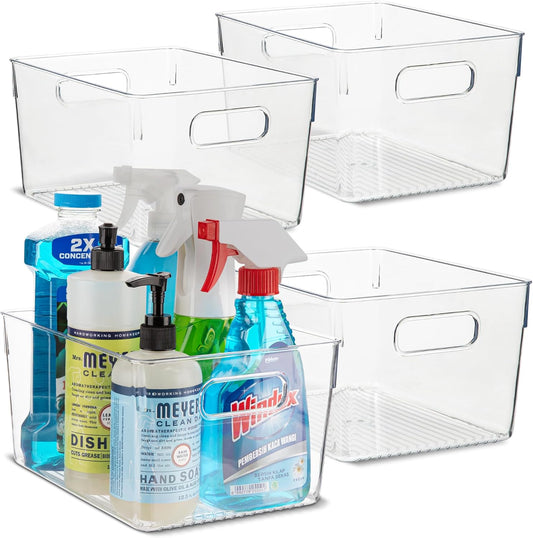 primebox Plastic Food Storage 4 Pack Clear Container Bin with Handles for Organizing Kitchen, Pantry, Refrigerator, Freezer, Pantry, Cabinet, Closet, Bathroom. 10”x7.5”x5.3”