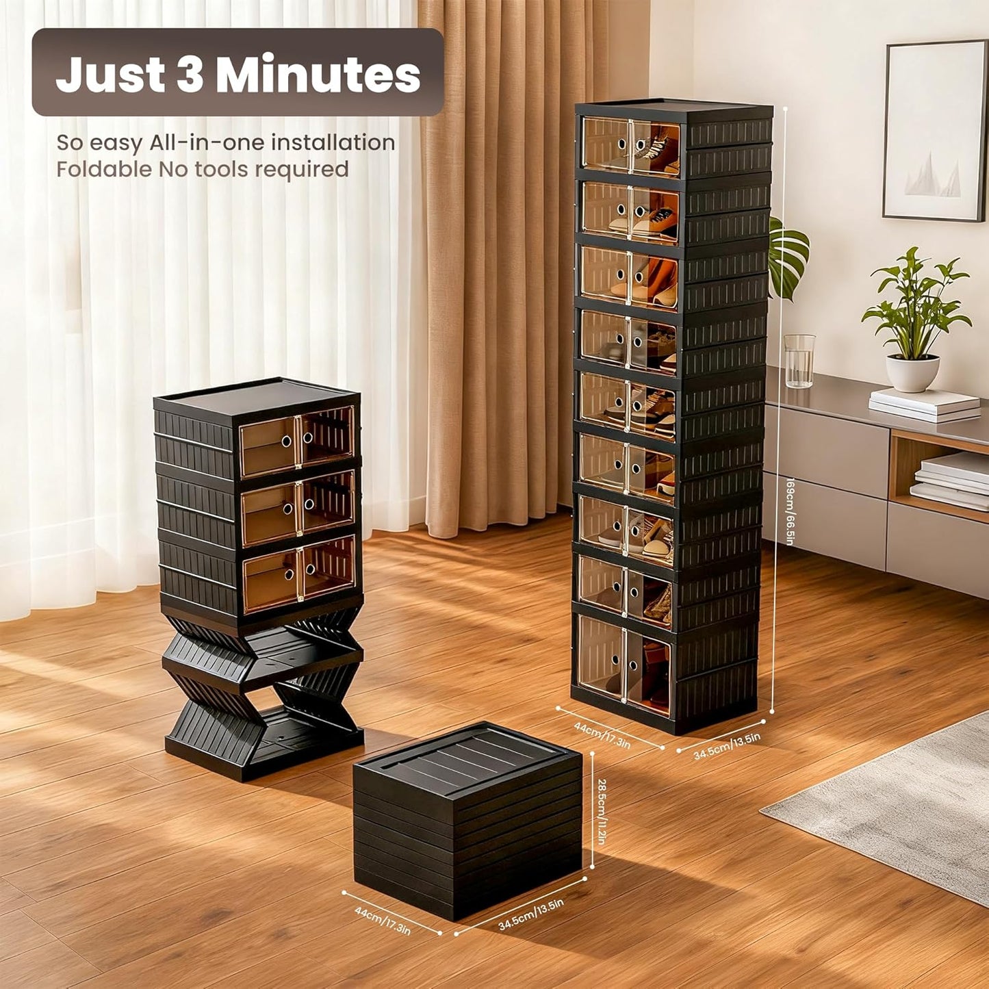 Foldable Shoe Organizer Storage Box, Portable Extra Large Folding Shoe Rack for Closet, Shoe Storage Box with Magnetic Transparent Door and Wheels, 9 Layers 18 Grids with 2 Big Grids