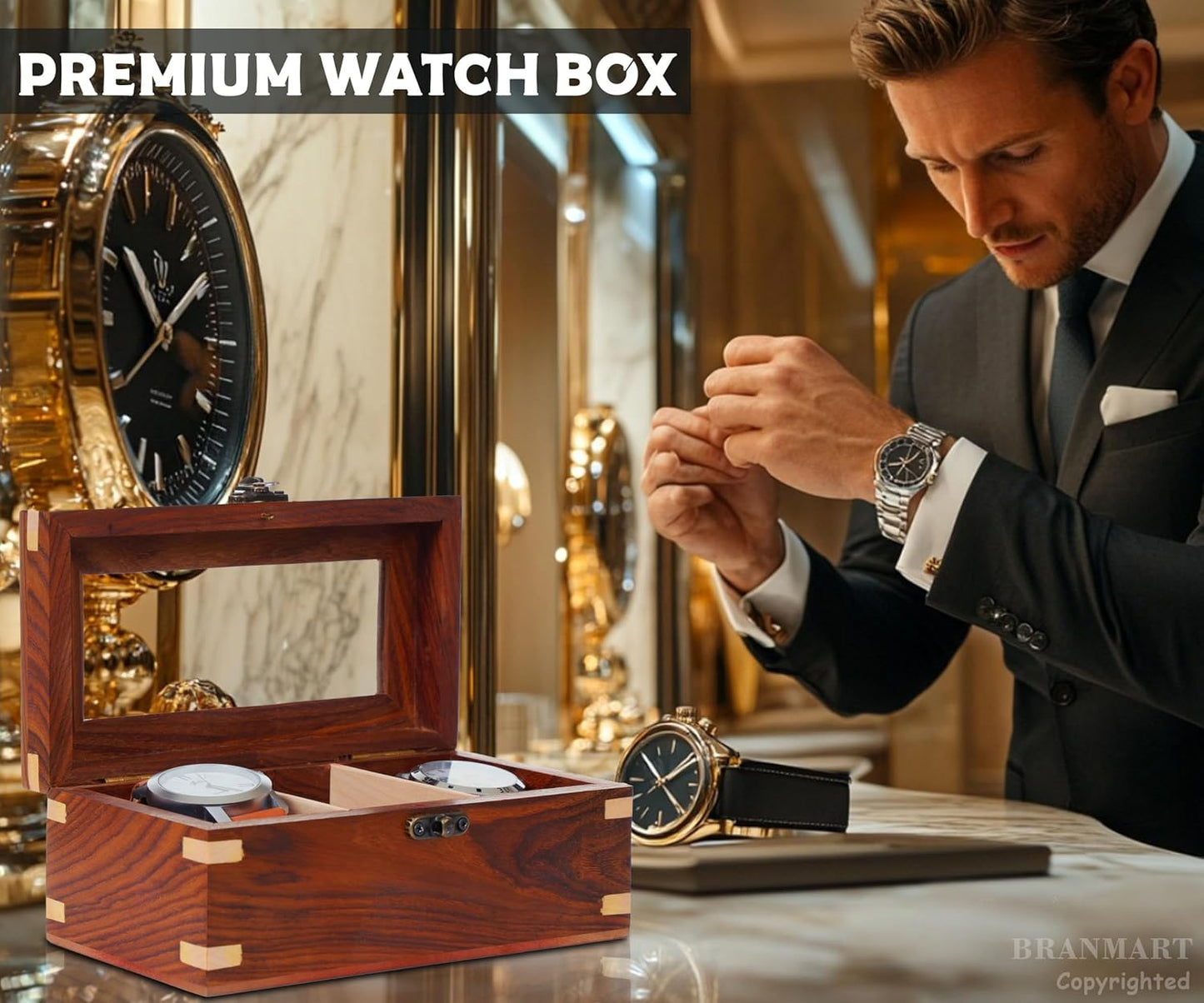 Wooden Watch Box for Men & Women, Watch Organizer & Display Case, Premium Long-Lasting Watch Holder for Storage, Elegant Gift for Watch Collectors (Glass Top, 3 Slots)