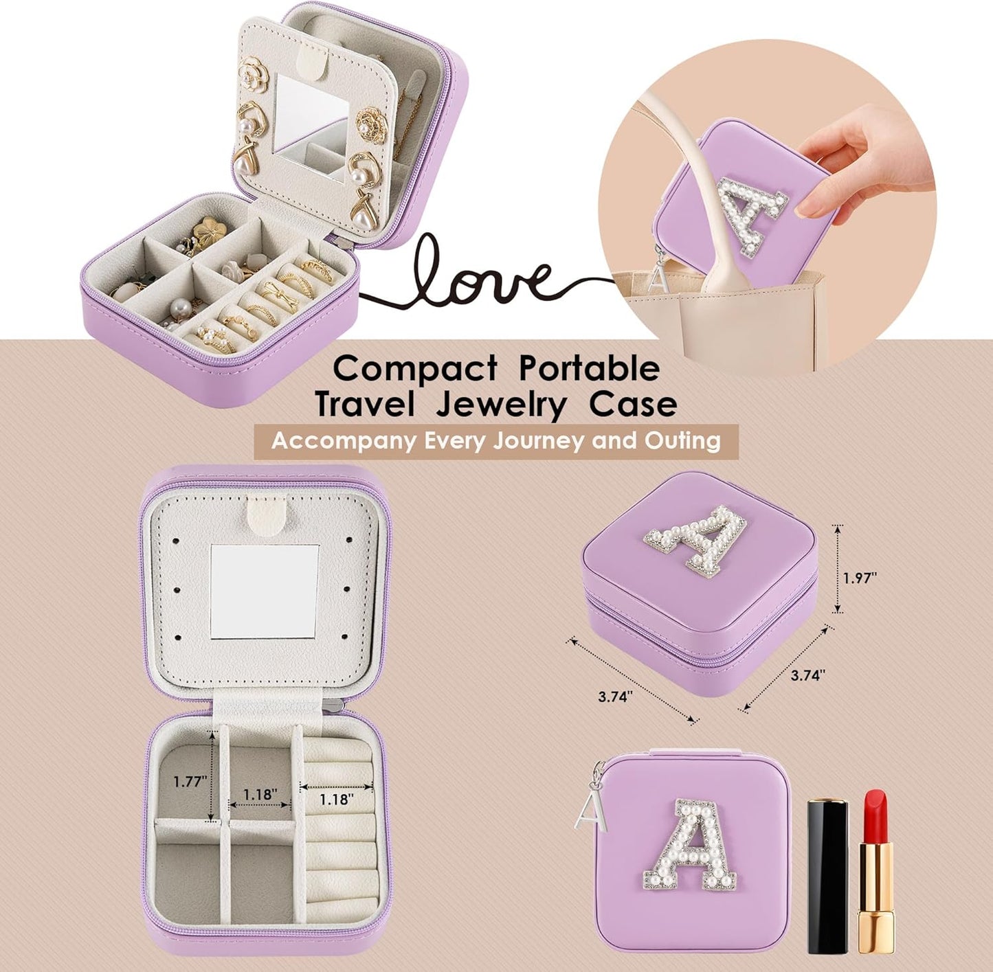 Travel Jewelry Case, Small Jewelry Box Organizer with Personalized Initials, Gifts for Girl Women, Wife Girlfriend Daughter Niece, Bridesmaid Gifts, Birthday