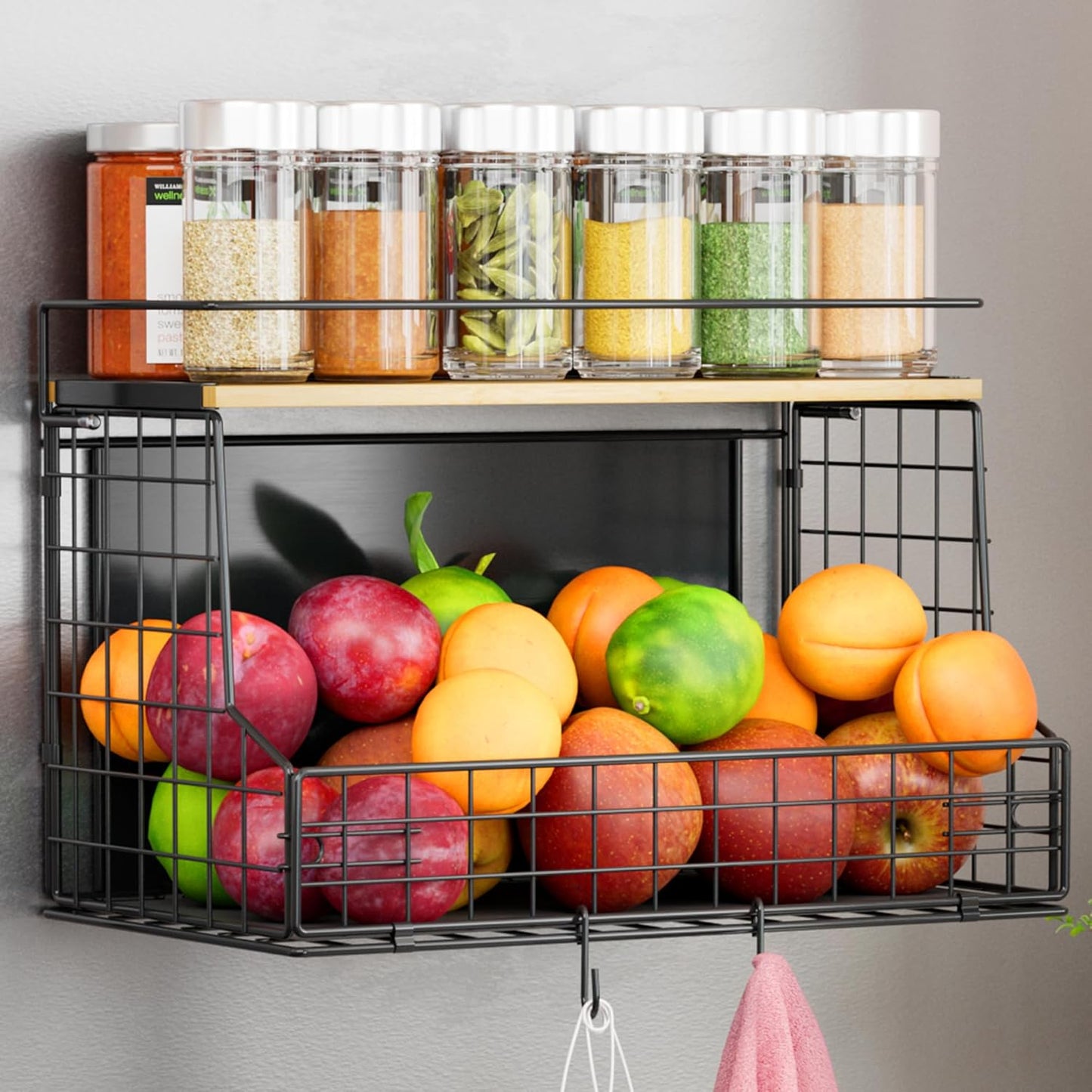 Magnetic Shelf for Fridge, Large Container Magnetic Spice Rack for Refrigerator, Fruit Potato and Onion Storage Bins, Magnetic Basket with Wood Lid, Kitchen Counter, Cabinet