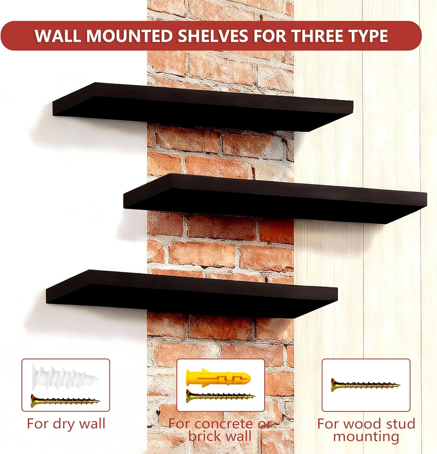 ROGMARS Black Floating Shelves for Wall,36 inch Rustic Wooden Floating Wall Mounted Book Shelves with Invisible Brackets for Living Room, Bedroom, Kitchen, Bathroom,Set of 3