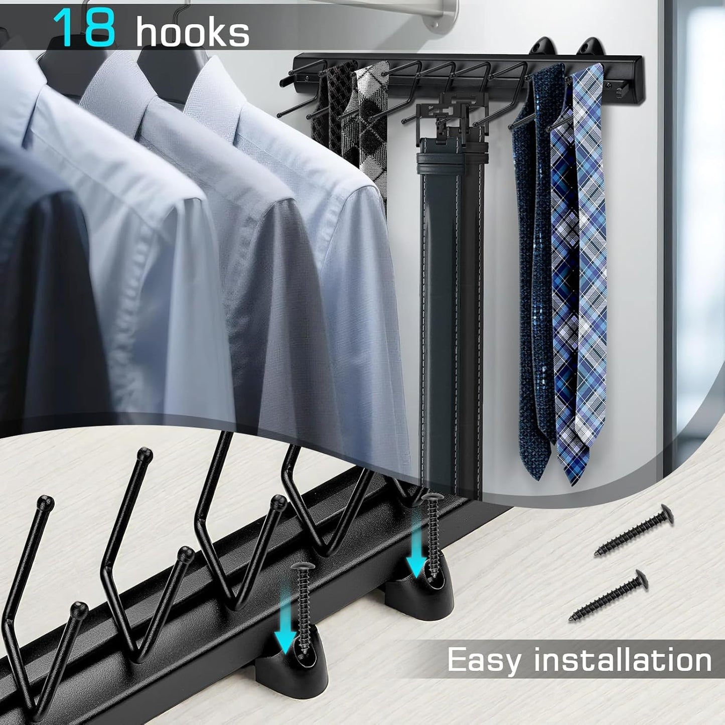 Sliding Tie Racks, 18 Tie Hanger Pull Out Belt Rack 16.5'' Aluminum Alloy Extendable Wardrobe Closet Organizer with 18 Hooks for Belts, Ties, and Scarves, 16.5'' x 3.15''(Sprayed Black)