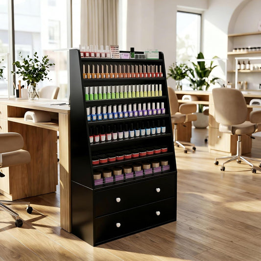 Nail Polish Rack with 2 Drawers, Salon Display & Storage Cabinet with Acrylic Baffle, Holds 700+ Bottles of Polishes, Essential Oils & Perfumes, Suitable for Nail Salon & Beauty Store, Black