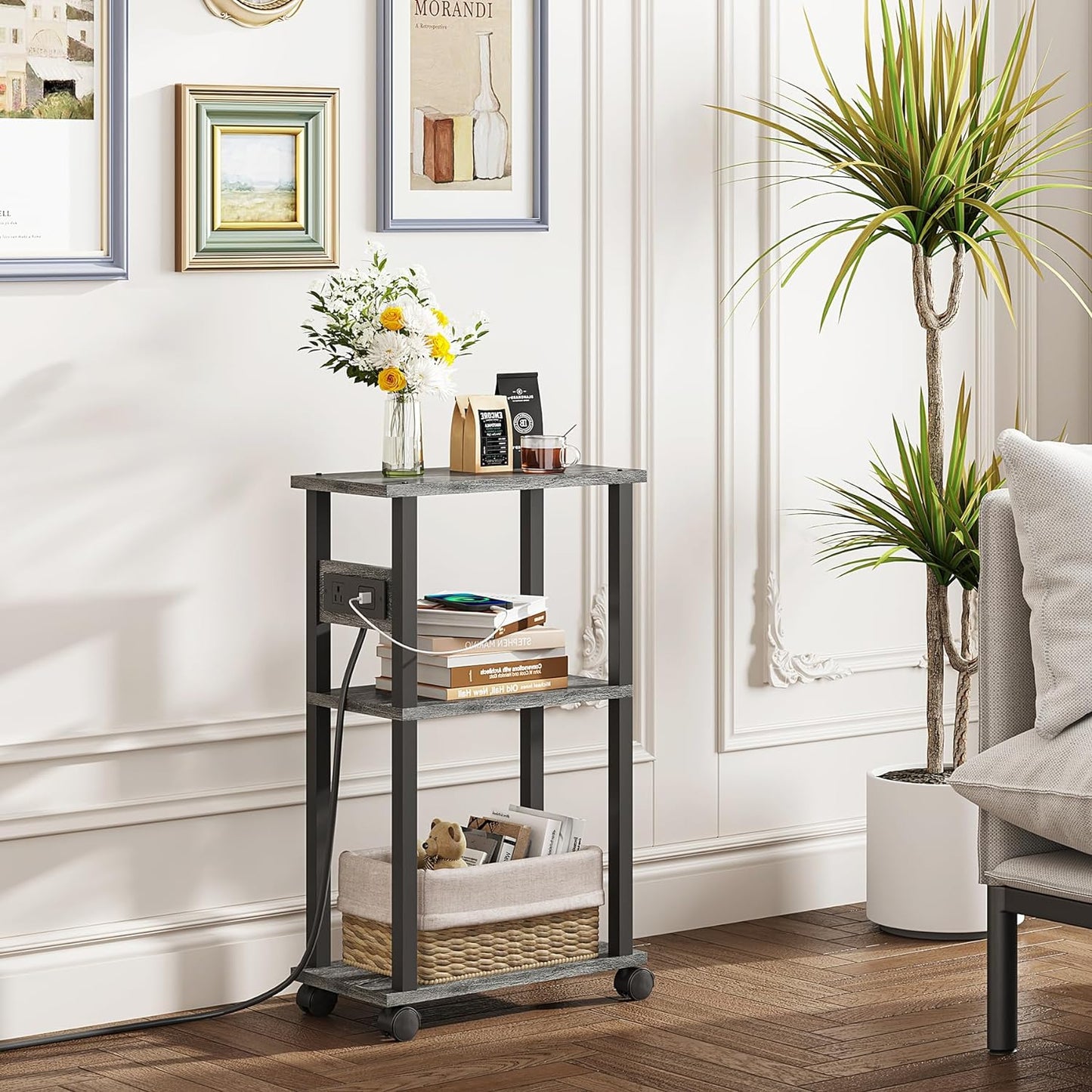 TUTOTAK Small Narrow Side Table with Charging Station, Skinny End Table for Small Spaces, Slim Nightstand with USB Ports and Outlet, Sofa Beside Table with Wheels, Charcoal Grey TB01BY046