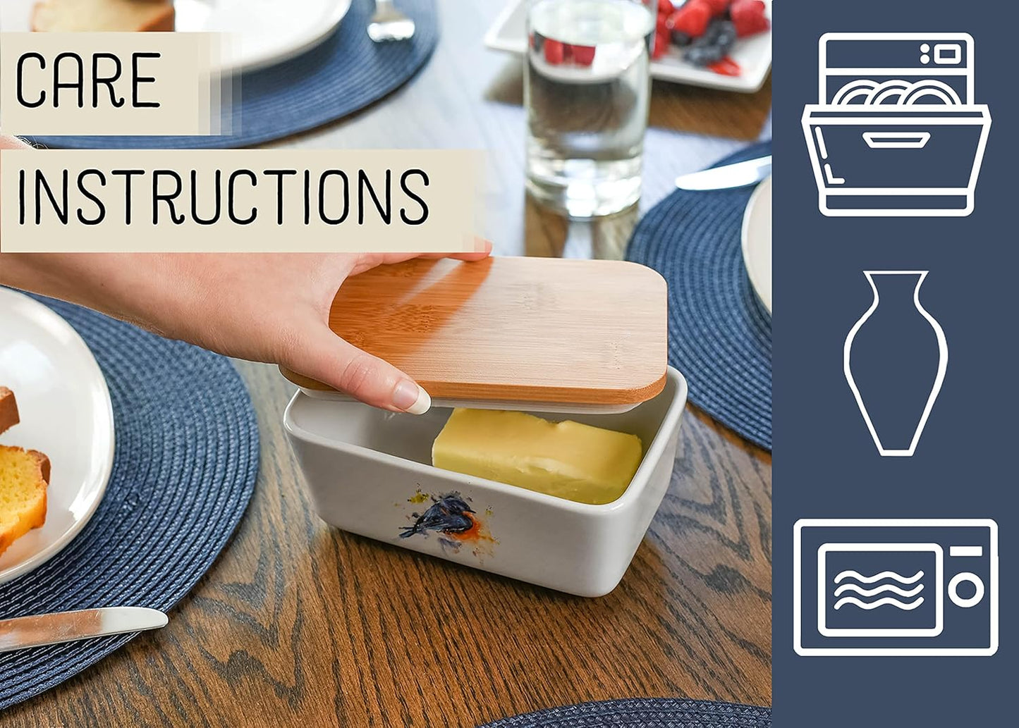Nat & Jules Dean Crouser Ceramic Stoneware 1/2 Pound, 2 Sticks Butter Dish Airtight Bamboo Lid, Kitchen Accessory, Container Holder, Refrigerator Storage, Countertop Organization, Watercolor Bluebird