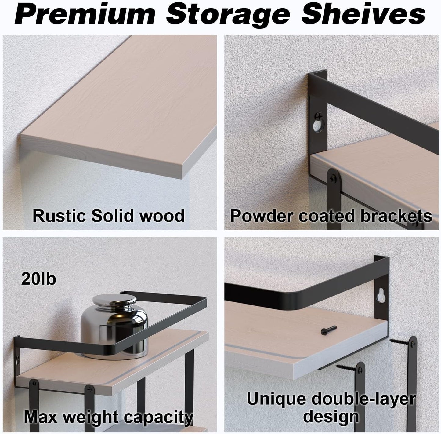 RICHER HOUSE 2+1 Tier Wall Mounted Floating Shelves Set of 2, Rustic Wood Wall Shelf with Metal Frame, Extra Storage Rack for Bathroom, Kitchen, Bedroom with Tissue Rack & Towel Bar - White