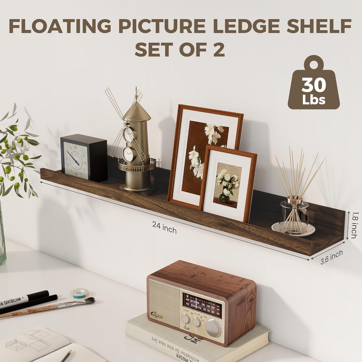 Axeman Floating Shelves for Wall - 24 Inch Picture Ledge Shelf Set of 2 - Rustic Picture Shelf for Wall with Ledge - Walnut Floating Shelves with Lip - Photo Ledge Shelves for Pictures Nursery Books