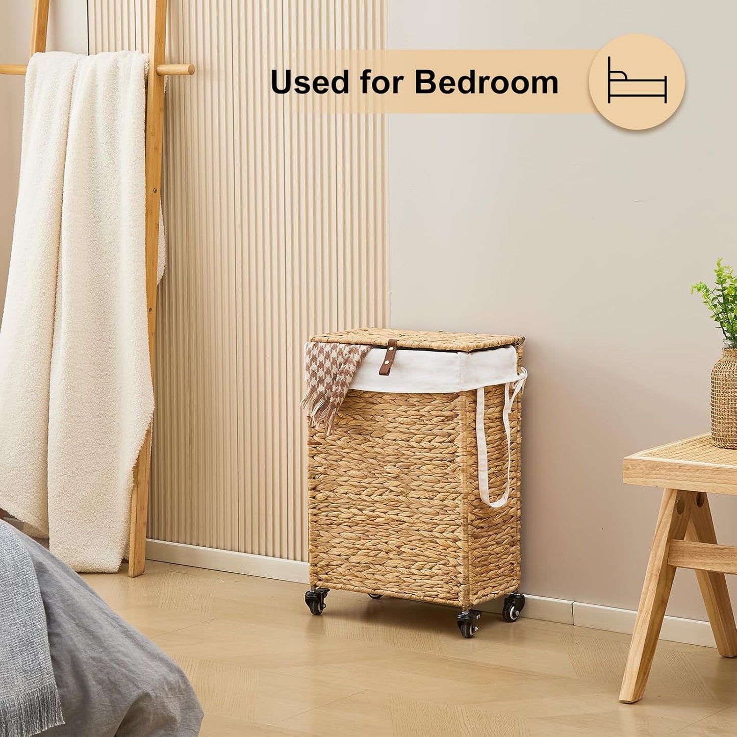 Rolling Laundry Hamper with Lid and Wheels, Slim Laundry Basket with Removable Liner Bag & 2 Mesh Bags, Handwoven Water Hyacinth Clothes Hamper for Bedroom Bathroom (Natural, 50L)