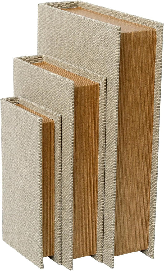 Modern Linen and Wood Decorative Faux Book Boxes Set of 3-13",10",8" - Linen