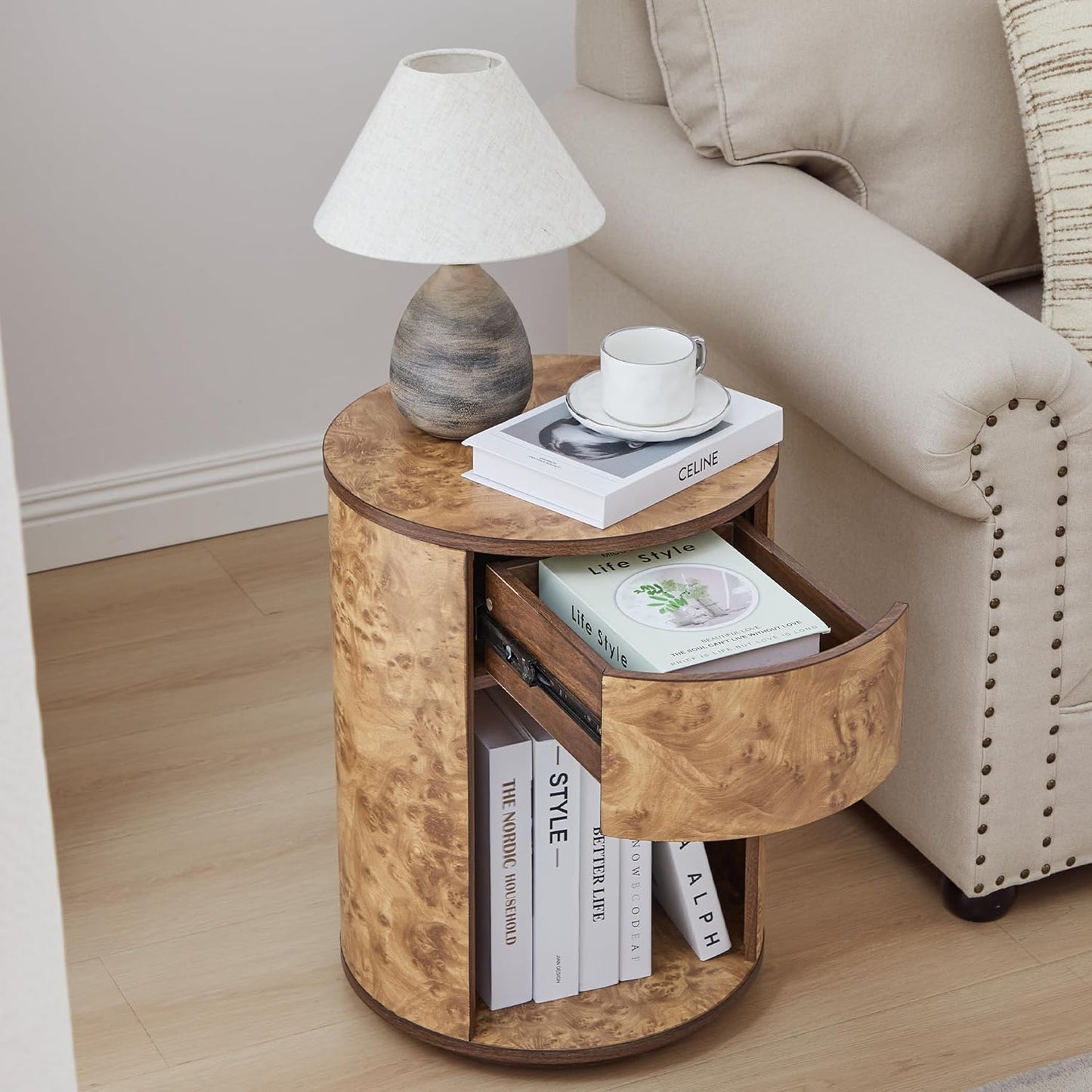Side Table with Drawer, Round Bedside Table with Open Shelf, Farmhouse Burl Wood Nightstand Accent Table for Living Room, Bedroom (Walnut, 1-Pack)