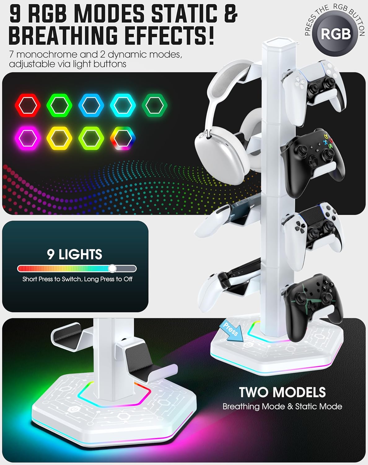 Kytok RGB Controller Holder for PS5/PS4/Xbox/Switch, Headphone Stand with 2 USB Charging Ports and Type-C and Headphone Jack, Headset Holder with Cable Organizer, Controller Stand for Desk, 4 Tiers