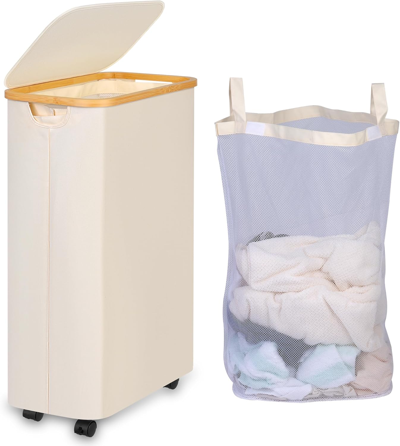 Laundry Basket with Wheels, 75L Beige Clothes Hamper for Laundry, Laundry Hamper with Lid and Inner Bag, for Laundry Room, Bedroom, Dormitory Storage,Beige