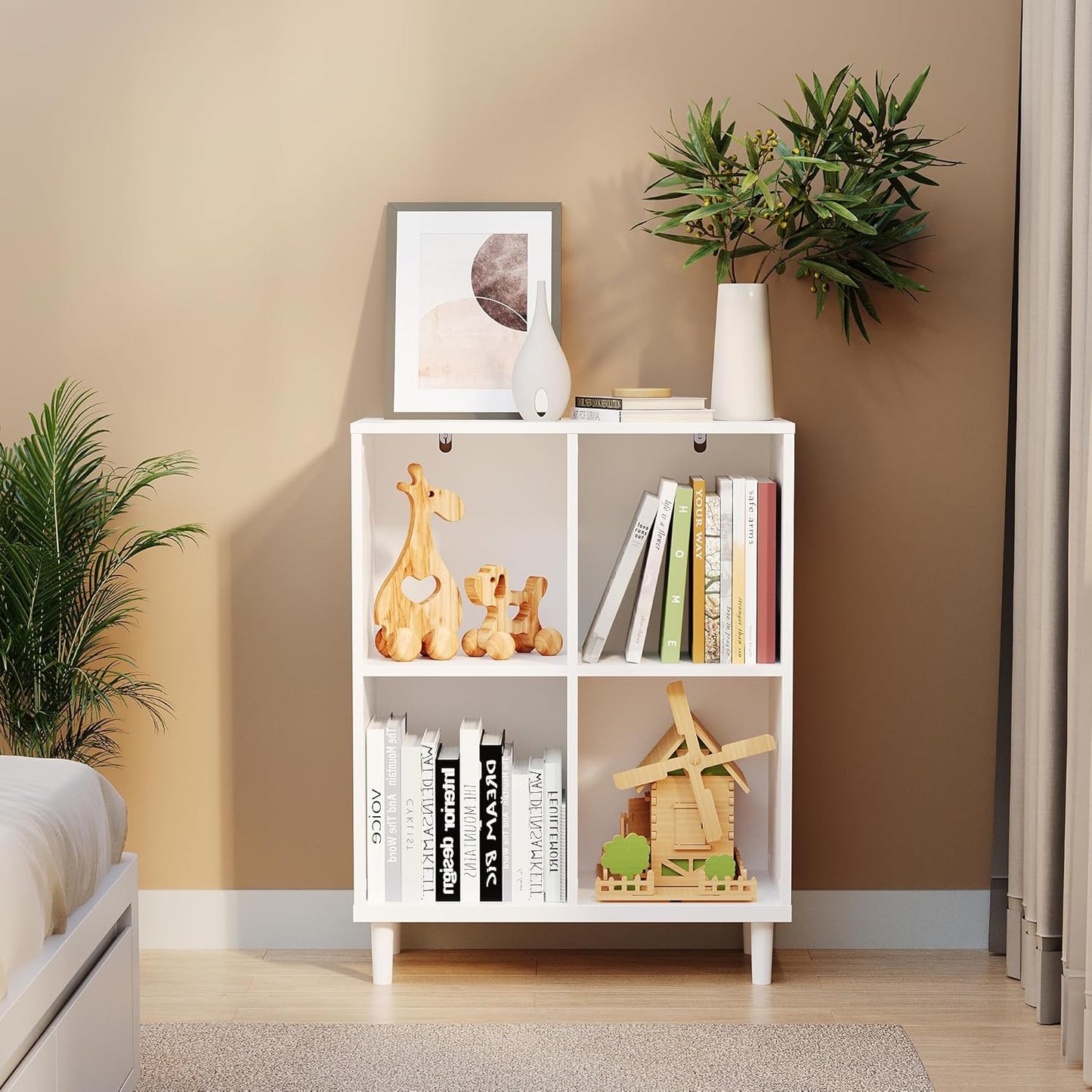 Wood Cube Storage Organizer White Bookshelf - 2-Tier Freestanding Storage Cabinet with Legs for Home Office, 4-Cubes Open Shelf
