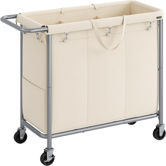 SONGMICS Laundry Basket with Wheels, 3-Section Rolling Laundry Hamper, 52.8 Gallons (200 L), Removable Liner, Steel Frame with Handle, 35.8 x 15.4 x 31.9 Inches, Cream White URLS005W01