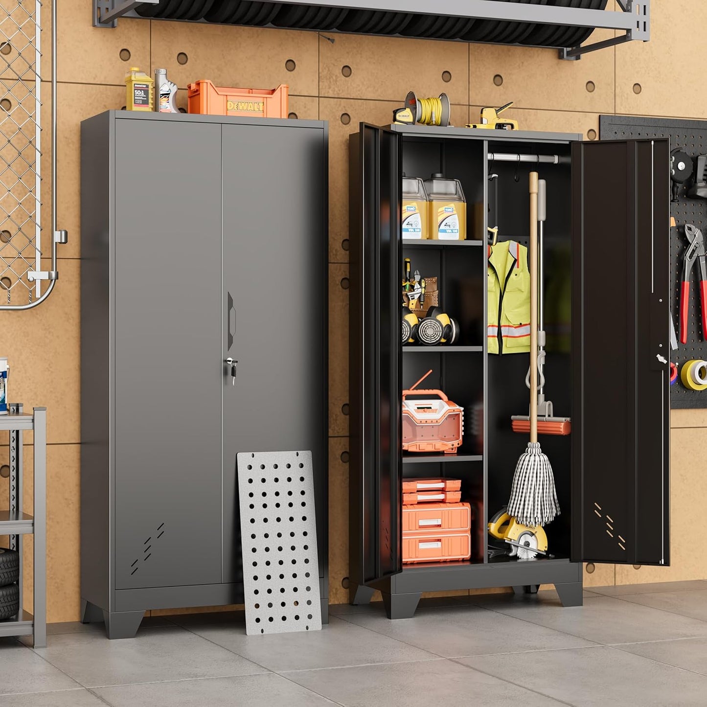 Storage Cabinet 61" H, Metal Outdoor Sheds with Shelves for Tools Storage, Cleaning Supplies Closet with Removable Pegboard for Outdoor, Garage, Utility Room