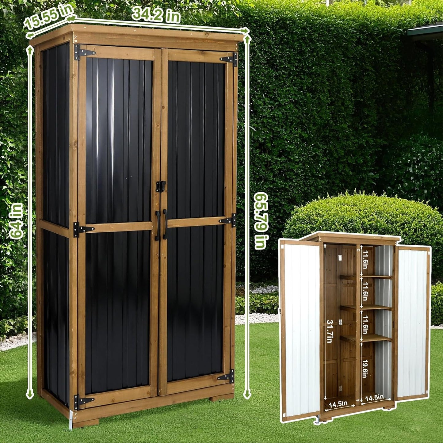 Outdoor Storage Cabinet,Wood & Metal Storage Shed with Adjustable Shelves & Lockable Doors,Vertical Outdoor Cabinets for Backyard Patio, Gardening Tools and Accessories,Brown