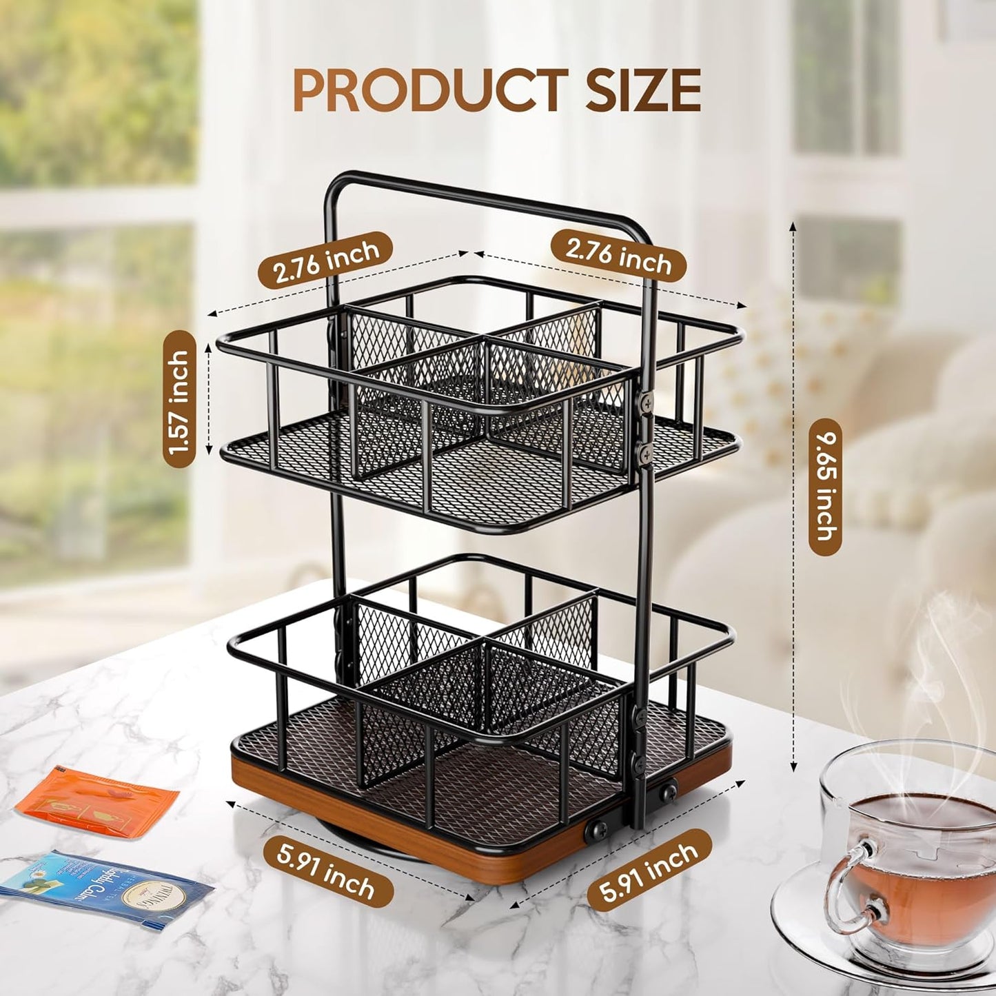 Rotation 2 Tier Tea Bag Organizer, Iron Art Tea Organizers, Acacia Wood Stand Teabag Holder with Handle Easy to Move and 8 Basket Tea Caddy for Tea Bags Organizer for Pantry, Kitchen, Gift Giving