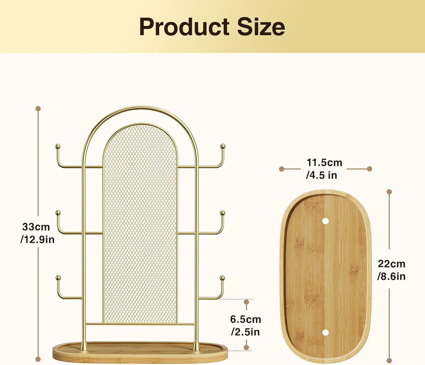 Jewelry Display Earring Stand Gold Organizer Earring StorageTree Jewelry Rack Towers with 6 Hooks 300 Stud Holes Wood Tray for Necklaces Bracelets Ring
