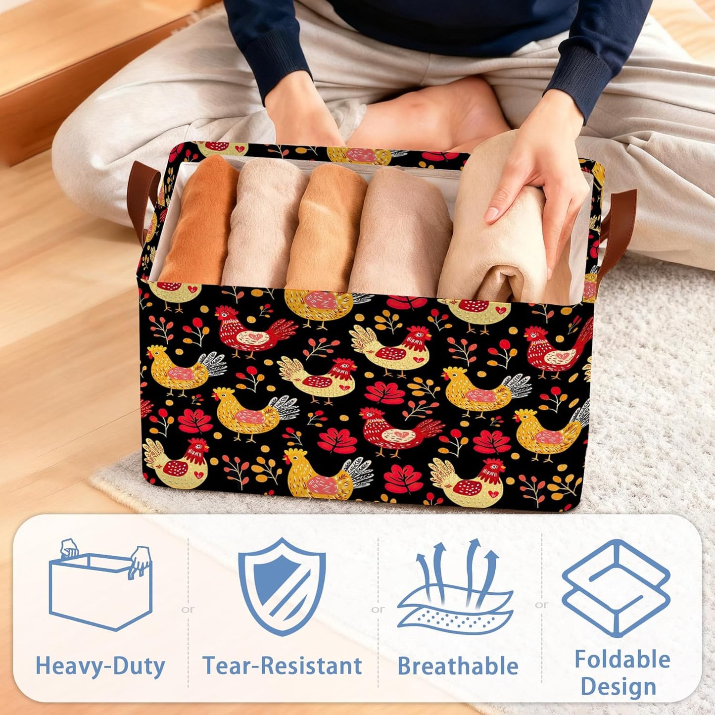 Cute Roosters Storage Basket,Leaf Collapsible Storage Bin Cubes for Living Room Bedroom Blankets Home Storage 17x11.5x10Inch