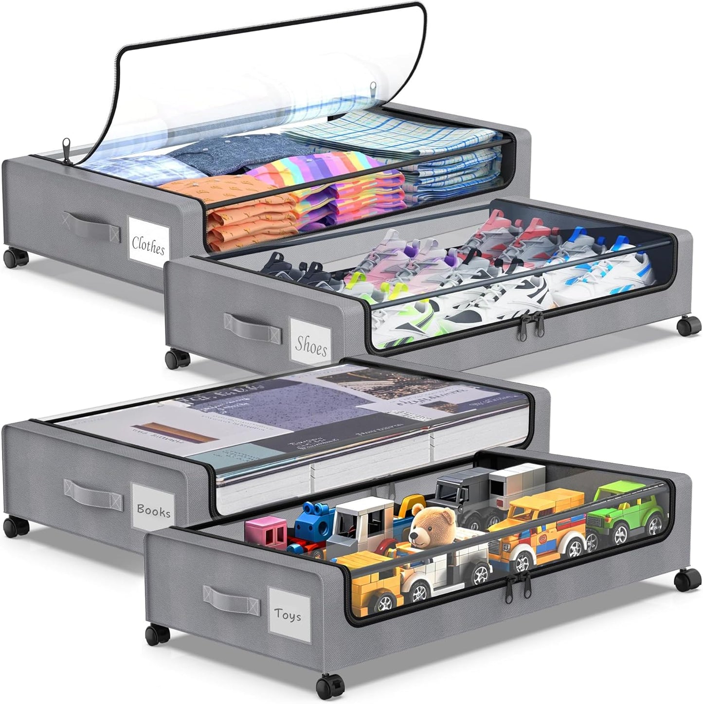 Beborxue Under Bed Storage with Wheels, 4-Pack Underbed Storage Containers with Clear Lids, XXL 60L Under the Bed Storage Organizer Bins, Rolling Under Bed Metal Drawer for Clothes,Shoes,Toys (Gray)