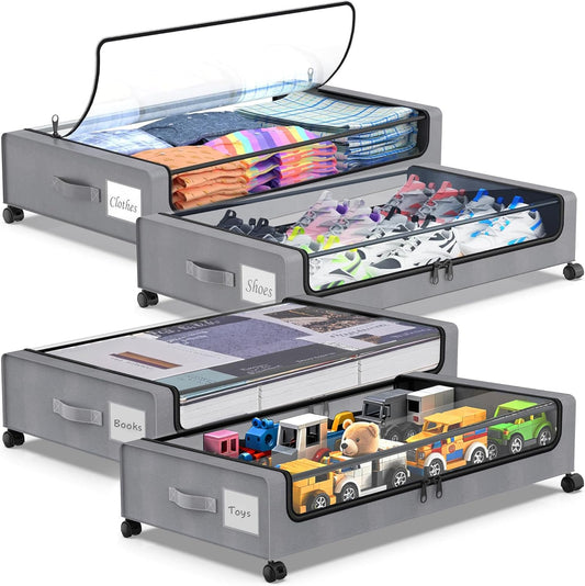 Beborxue Under Bed Storage with Wheels, 4-Pack Underbed Storage Containers with Clear Lids, XXL 60L Under the Bed Storage Organizer Bins, Rolling Under Bed Metal Drawer for Clothes,Shoes,Toys (Gray)