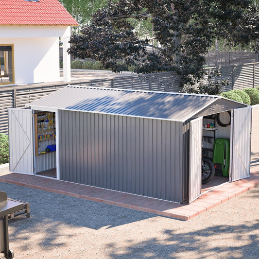 14x10 FT Outdoor Metal Storage Shed with Side Door & Floor Frame, Extra-Large Tool Shed with Lockable Double Doors, Weatherproof Garden Shed for Backyard, Lawn Equipment and Patio Storage