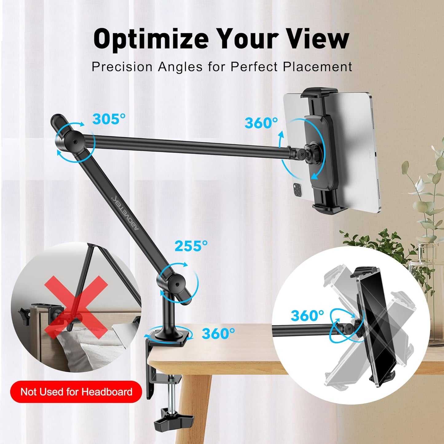 AboveTEK Tablet Stand Holder for Desk & Bed, Aluminum iPad Holder Arm with 360° Rotating Clamp, Adjustable Phone Stand Compatible with 4.7"-13.5" iPad Pro/Air/Mini, iPhone, Galaxy Tab- Black