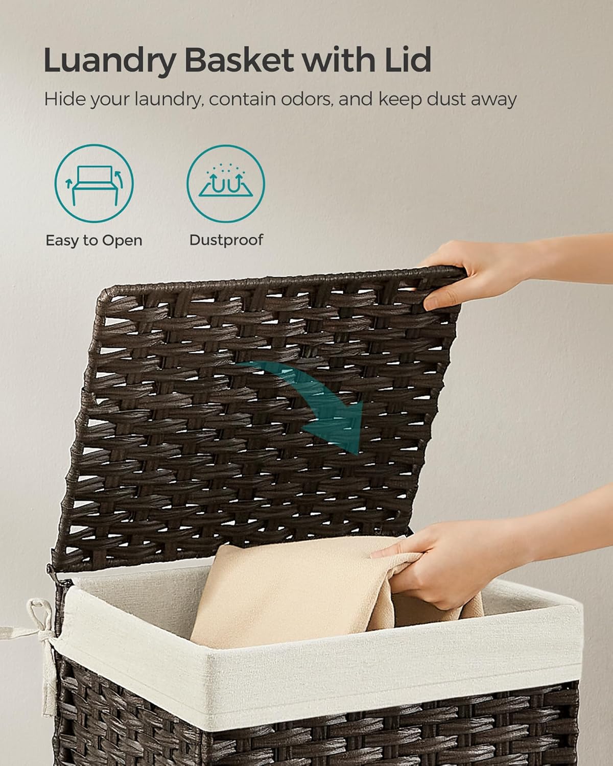 SONGMICS Storage Basket with Lid, Woven Blanket Storage Bin with Handles, Foldable, Removable Liner, Metal Frame, for Bedroom, Laundry Room, 9.2 Gallons (35 L), Brown URST040K01