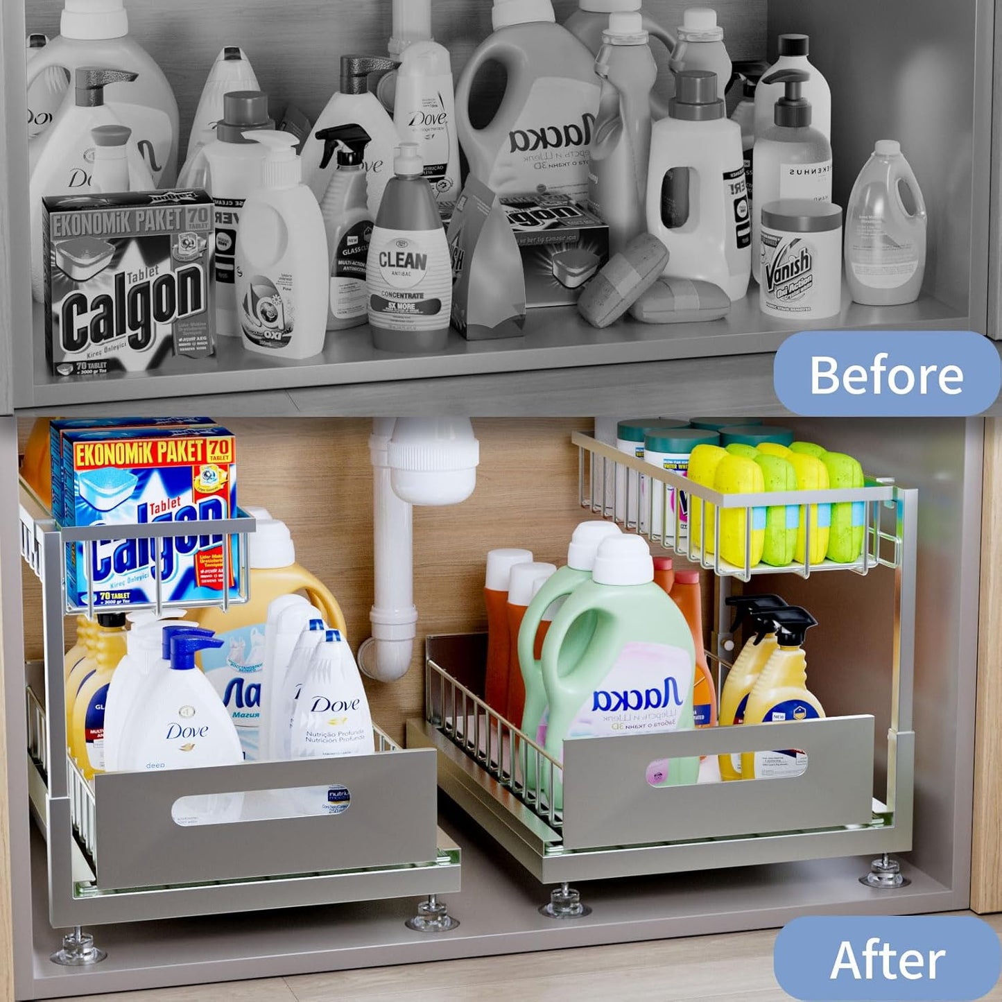 2 Pack Under Sink Organizer Storage 2-Tier Premium Metal Pull-Out Racks, Height Adjustable, Easy Installation | Kitchen & Bathroom Organizers