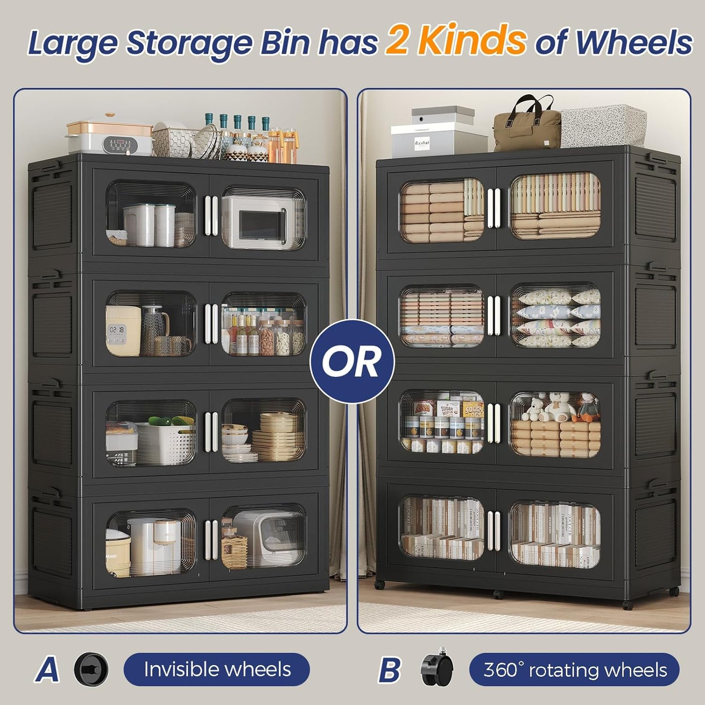 150 Gallon Extra Large Storage Bin with Lid and Wheels, Stackable Collapsible Plastic Storage Box with Door, Foldable Organizer for Closet, Kitchen, Office, Living Room, 3 Pack Black